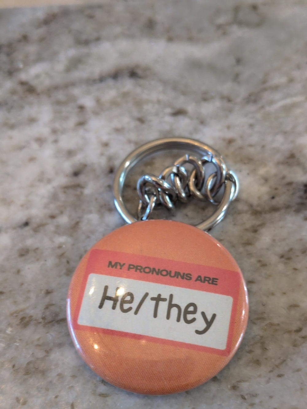 Pronoun Button Keychain - He/They Orange Key & Card Holder